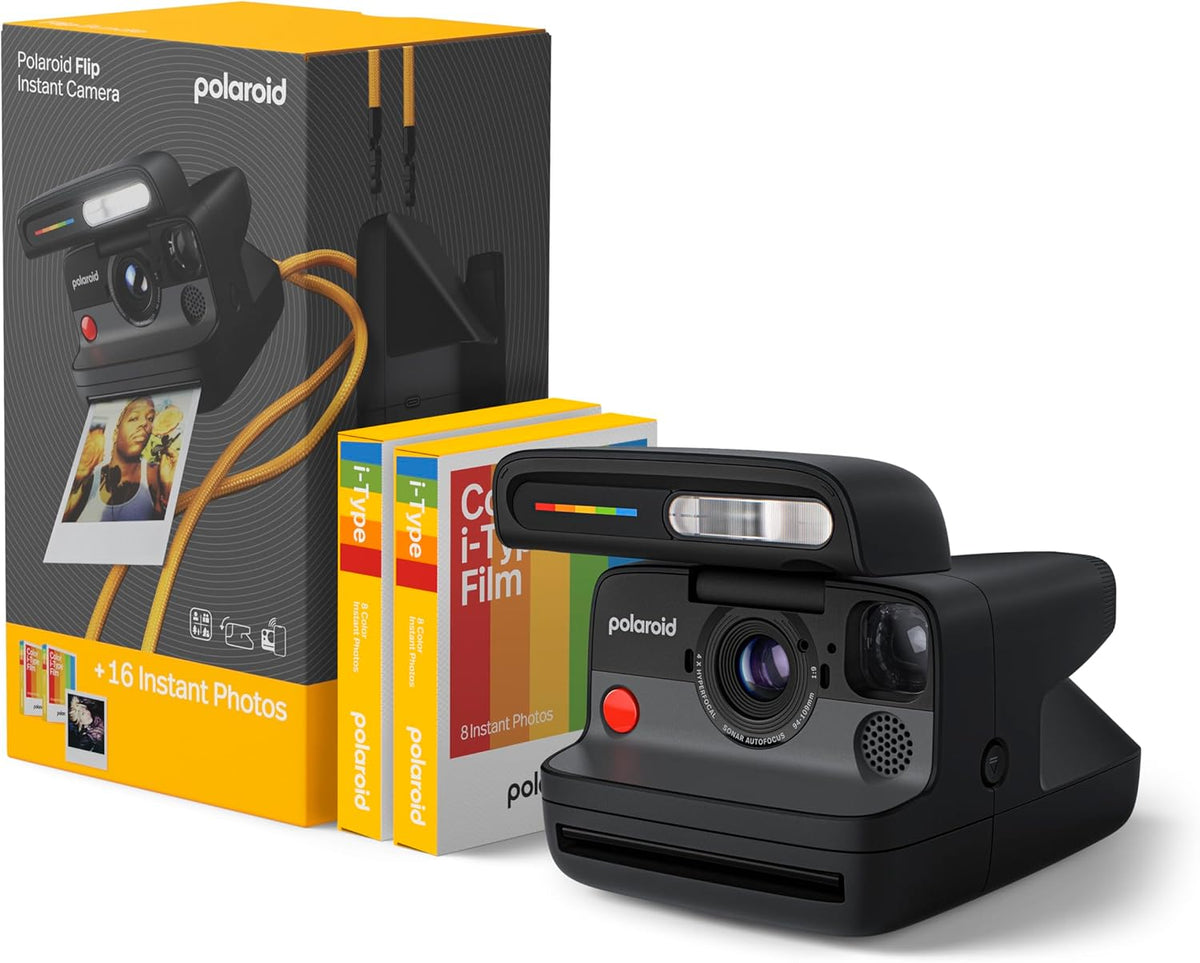 Polaroid Appareil photo instantanés, Bluetooth, 16 Photos, éclairage LED, Pack Appareil Photo instantané Noir + Film Couleur, Flip