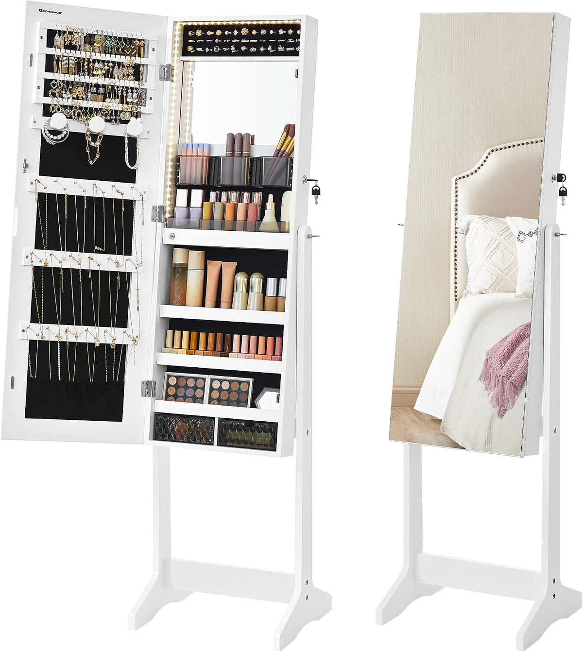 Armoire, Blanc Nuage JJC023W01, éclairage LED, SONGMICS, 2 Tiroirs, 3 porte, 3 étagères, réglable, Rangement Bijoux avec Miroir Psyché Sans Cadre