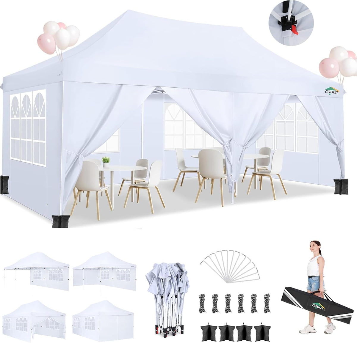 Tonnelle COBIZI, 119 × 36 × 23 cm, avec 6 parois latérales, pour Mariage, 3 × 6 m, pliable, réglable, portable, Étanche, Stable, Tente de fête