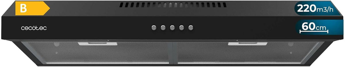 Hotte aspirante Cecotec 220m3, 3 Niveaux, 60 cm, 70 W, 3 Niveaux de Puissance, 60cm, 220m3/h, 70W, 220 m3/h, Moteur 70W, Finition en Noir