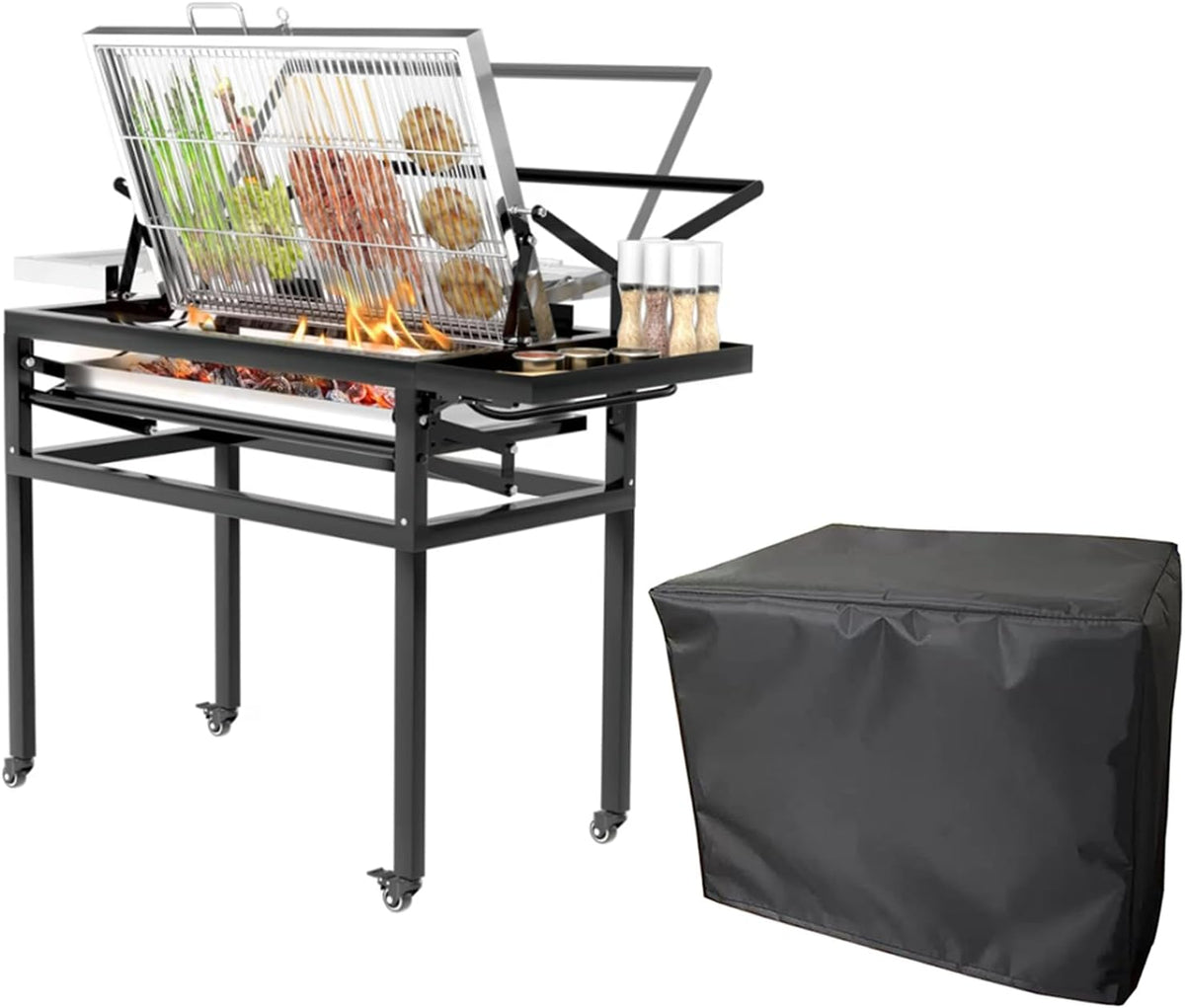 Barbecue, 5 niveaux, grille de cuisson rotative à 360 degrés avec roues pour camping, acier inoxydable, ZICHOUYING, pliable, réglable
