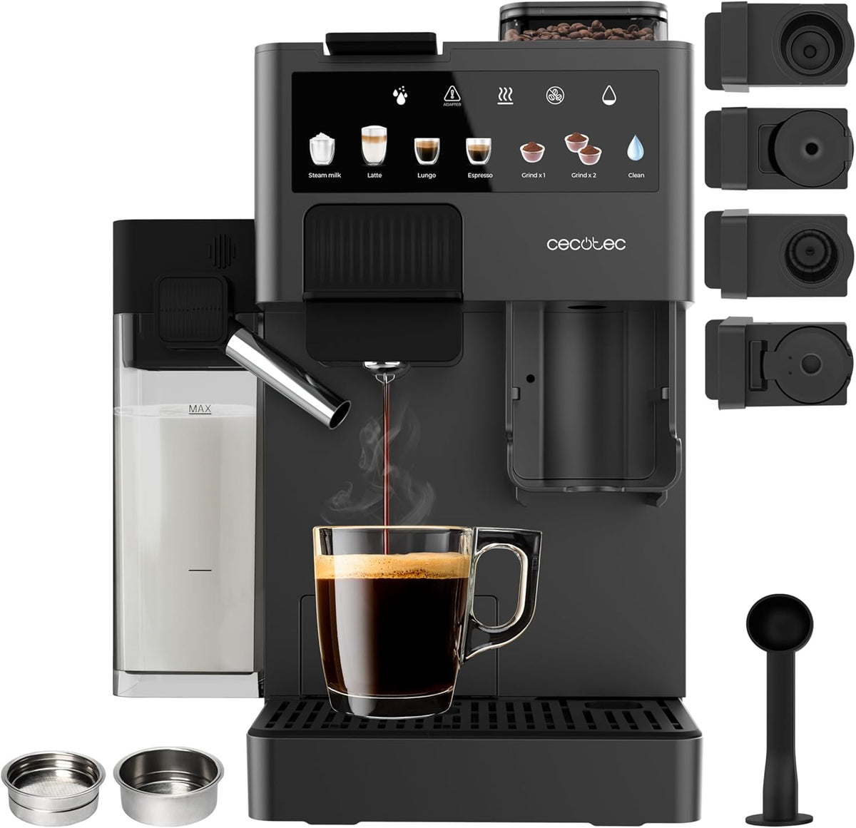 Cafetière à capsules, 350 ml, acier inoxydable, Cecotec, 1, 6 l, 1400 W, 15 niveaux, 1400W, 1, 6L, 300ml, 20 Bars, Café en Grains 40g
