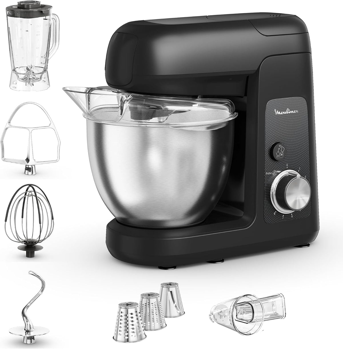 Moulinex Batteur sur socle, acier inoxydable, 4.6 L, 1100 W, 1.25 L, 8 VITESSES, cuisson au four Partner Robot pâtissier Bol 4.6 L, Noir